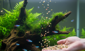 A stunning, photorealistic close-up shot of a vibrant aquarium