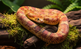 A photorealistic, close-up shot of a vibrant corn snake calmly resting on a piece of dark, textured driftwood inside a beautifully maintained, naturalistic terrarium
