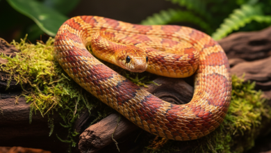 A photorealistic, close-up shot of a vibrant corn snake calmly resting on a piece of dark, textured driftwood inside a beautifully maintained, naturalistic terrarium