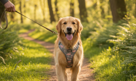 A photorealistic, heartwarming shot of a happy Golden Retriever wearing a stylish and comfortable grey Flamingo dog harness