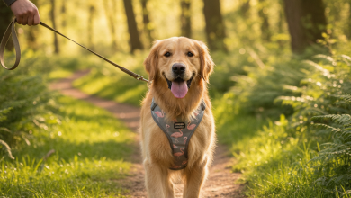 A photorealistic, heartwarming shot of a happy Golden Retriever wearing a stylish and comfortable grey Flamingo dog harness