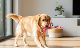 A photorealistic, bright, and cheerful shot of a happy Golden Retriever playing in a modern, sunlit living room