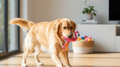 A photorealistic, bright, and cheerful shot of a happy Golden Retriever playing in a modern, sunlit living room