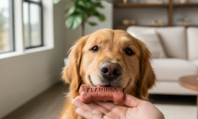 A photorealistic, heartwarming close-up shot of a happy Golden Retriever gently taking a Flamingo brand dog treat from its owner's hand