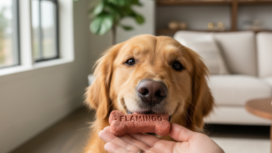 A photorealistic, heartwarming close-up shot of a happy Golden Retriever gently taking a Flamingo brand dog treat from its owner's hand