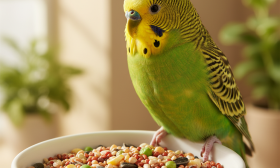 A photorealistic close-up shot of a vibrant, healthy budgerigar (muhabbet kuşu) with bright green and yellow feathers