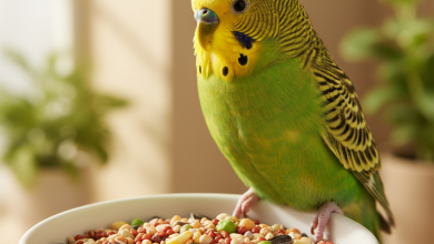 A photorealistic close-up shot of a vibrant, healthy budgerigar (muhabbet kuşu) with bright green and yellow feathers