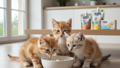A heartwarming, photorealistic shot of three adorable, fluffy kittens of different breeds (a ginger tabby, a Siamese mix, a calico) curiously gathered around a clean, white ceramic bowl in a bright...