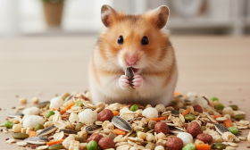 A charming, photorealistic close-up shot of a cute Syrian hamster sitting amongst a colorful, high-quality mix of hamster food
