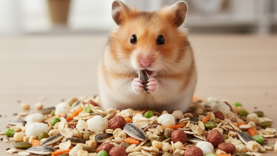 A charming, photorealistic close-up shot of a cute Syrian hamster sitting amongst a colorful, high-quality mix of hamster food