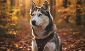 A stunning, photorealistic shot of a majestic Siberian Husky with striking blue eyes, wearing a comfortable and stylish brown leather harness