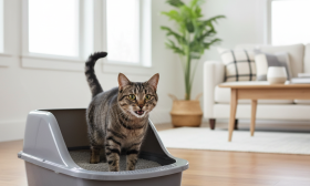 A photorealistic, high-resolution image capturing a happy and healthy domestic shorthair cat with tabby markings gracefully stepping out of a modern, clean litter box