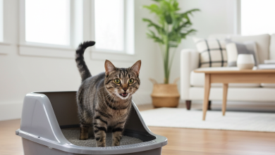 A photorealistic, high-resolution image capturing a happy and healthy domestic shorthair cat with tabby markings gracefully stepping out of a modern, clean litter box