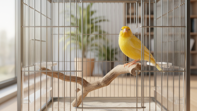 A vibrant yellow canary perches gracefully on a natural wood branch inside an immaculately clean, modern birdcage