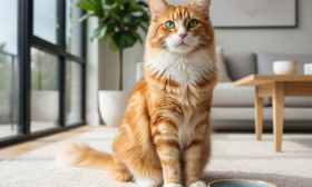 A photorealistic, high-resolution shot of a beautiful long-haired cat, perhaps a Maine Coon or a Persian, with a glossy, healthy coat