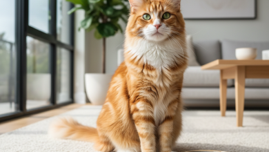 A photorealistic, high-resolution shot of a beautiful long-haired cat, perhaps a Maine Coon or a Persian, with a glossy, healthy coat
