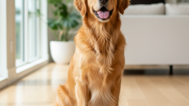 A photorealistic medium shot of a happy Golden Retriever sitting gracefully on a clean, light-colored wooden floor indoors