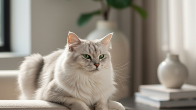 A stunningly beautiful long-haired domestic cat with a glossy, shimmering silver and white coat is lounging gracefully on a plush, cream-colored armchair