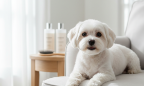 A photorealistic, heartwarming image of a perfectly groomed white Maltese dog sitting gracefully on a plush, light grey sofa in a brightly lit, modern living room