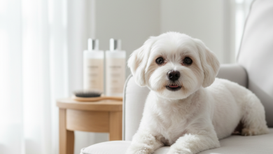 A photorealistic, heartwarming image of a perfectly groomed white Maltese dog sitting gracefully on a plush, light grey sofa in a brightly lit, modern living room