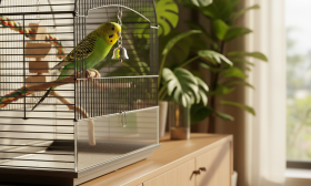 A photorealistic, high-detail shot of a vibrant green and yellow budgie perched contentedly inside a modern, spacious birdcage
