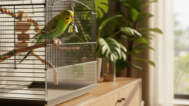A photorealistic, high-detail shot of a vibrant green and yellow budgie perched contentedly inside a modern, spacious birdcage