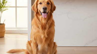A photorealistic, vibrant shot of a healthy and happy adult Golden Retriever sitting attentively next to its food bowl in a bright, modern kitchen