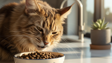 A photorealistic close-up of a beautiful, healthy long-haired cat, possibly a Maine Coon or a Domestic Longhair, with glossy fur, eating from a ceramic bowl filled with Orijen Six Fish cat kibble
