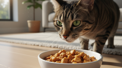 A photorealistic, bright, and airy shot of a sleek, healthy domestic cat with a shiny coat, curiously peering into its food bowl
