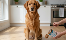 A photorealistic, heartwarming image capturing a medium-sized, healthy dog, like a Golden Retriever, sitting patiently in a bright, modern kitchen