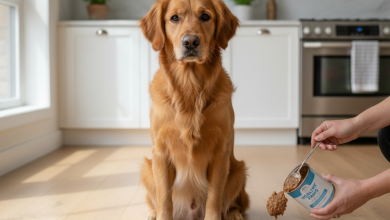 A photorealistic, heartwarming image capturing a medium-sized, healthy dog, like a Golden Retriever, sitting patiently in a bright, modern kitchen