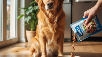 A photorealistic, heartwarming medium shot of a healthy adult dog, possibly a Golden Retriever or a Beagle, looking eagerly at a food bowl