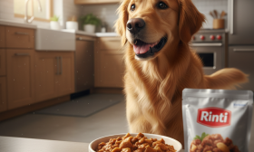 A photorealistic, heartwarming shot of a happy, healthy medium-sized dog, like a Golden Retriever or a Beagle, looking eagerly at a bowl of premium wet dog food