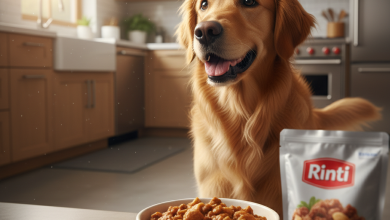A photorealistic, heartwarming shot of a happy, healthy medium-sized dog, like a Golden Retriever or a Beagle, looking eagerly at a bowl of premium wet dog food