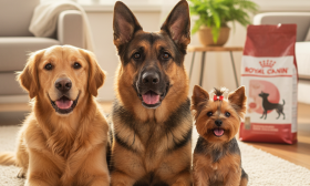 A photorealistic and heartwarming image of three different adult dogs—a majestic Golden Retriever, a loyal German Shepherd, and a tiny, cheerful Yorkshire Terrier—posing together in a bright, sun-d...