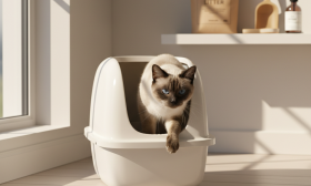 A photorealistic, elegant shot of a classic seal-point Siamese cat with striking blue eyes