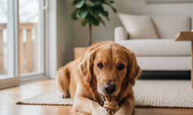 A joyful, healthy Golden Retriever lies on a clean, warm-toned wooden floor in a brightly lit, modern living room