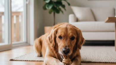 A joyful, healthy Golden Retriever lies on a clean, warm-toned wooden floor in a brightly lit, modern living room