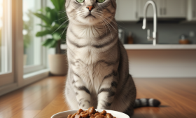 A photorealistic, heartwarming shot of a healthy adult domestic shorthair cat with glossy grey tabby fur