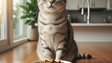 A photorealistic, heartwarming shot of a healthy adult domestic shorthair cat with glossy grey tabby fur