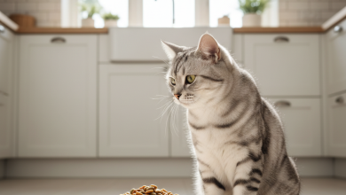 A photorealistic, bright, and heartwarming shot of a healthy silver tabby cat in a modern, sunlit kitchen