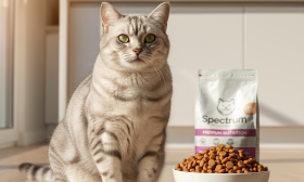 A photorealistic, high-resolution shot of a beautiful, healthy silver tabby cat sitting elegantly next to a pristine white ceramic bowl filled with Spectrum brand dry kibble