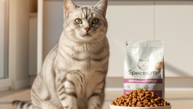 A photorealistic, high-resolution shot of a beautiful, healthy silver tabby cat sitting elegantly next to a pristine white ceramic bowl filled with Spectrum brand dry kibble