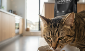 A photorealistic, high-resolution shot of a healthy domestic shorthair cat with beautiful tabby markings, elegantly eating from a minimalist white ceramic bowl
