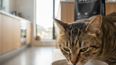 A photorealistic, high-resolution shot of a healthy domestic shorthair cat with beautiful tabby markings, elegantly eating from a minimalist white ceramic bowl