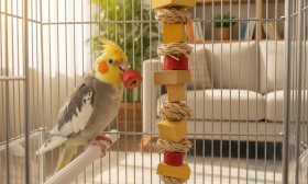 A photorealistic, close-up shot of a healthy and vibrant cockatiel perched inside a clean, modern birdcage