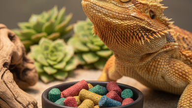 A highly detailed, photorealistic close-up shot of a vibrant bearded dragon inside a clean, naturalistic terrarium