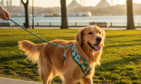 A photorealistic, high-resolution image of a joyful Golden Retriever wearing a vibrant, stylish harness with a colorful Amazon rainforest pattern