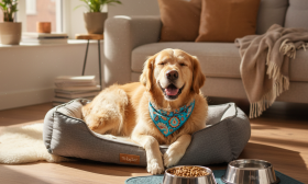 A photorealistic, warm, and inviting shot of a happy Golden Retriever resting in a cozy, modern living room