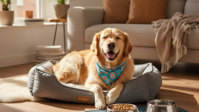 A photorealistic, warm, and inviting shot of a happy Golden Retriever resting in a cozy, modern living room